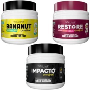 KIT MÁSCARA 500g BANANUT + MÁSCARA RESTORE + MÁSCARA IMPACTO - HIDRATAÇÃO, RECONSTRUÇÃO E PROTEÇÃO PÓS-QUÍMICA | TRÓIA HAIR